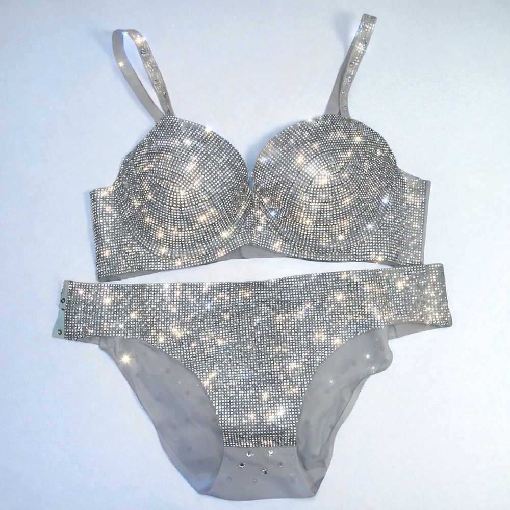 Rhinestone Bra & Panty Set White Sparkly Lingerie NWOT Size 34 (A–B) Chinese L